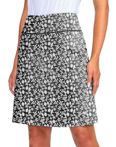 Women's 20-Inch Knee Length Skorts Skirt with UPF50+ - Black Flower, Medium