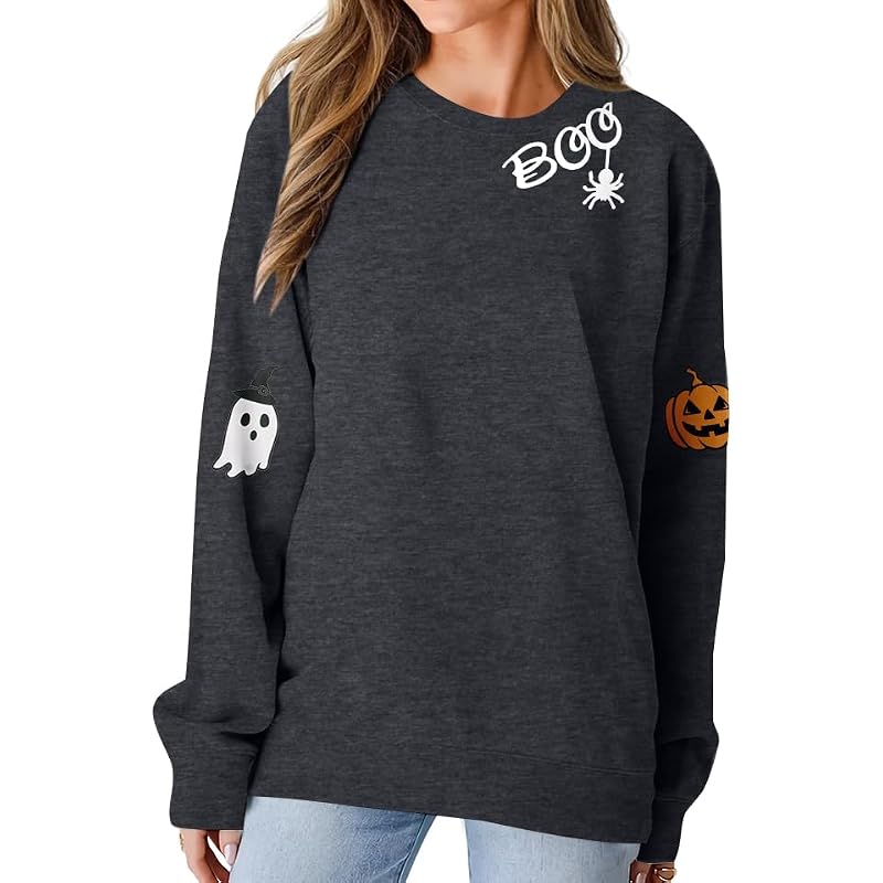 HEBBE Halloween Ghost Sweatshirt Women Spooky Season Pullover Large Dark Grey