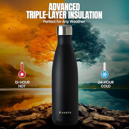 Black 17oz Insulated Water Bottle - Triple-Wall Stainless Steel Thermos, Leak Proof, Keeps Drinks Cold 24H Hot 12H, BPA-Free, Sport & Travel Flask - Black