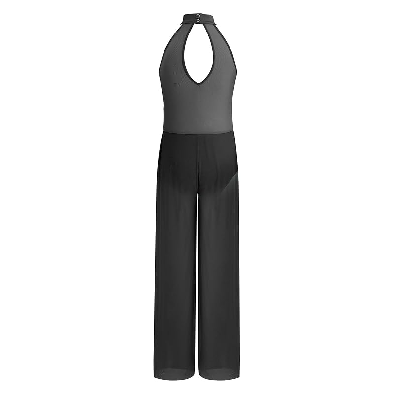 Girls Halter Keyhole Back Leotard Jumpsuit – Lyrical Dance Costume, Black 11-12 Years