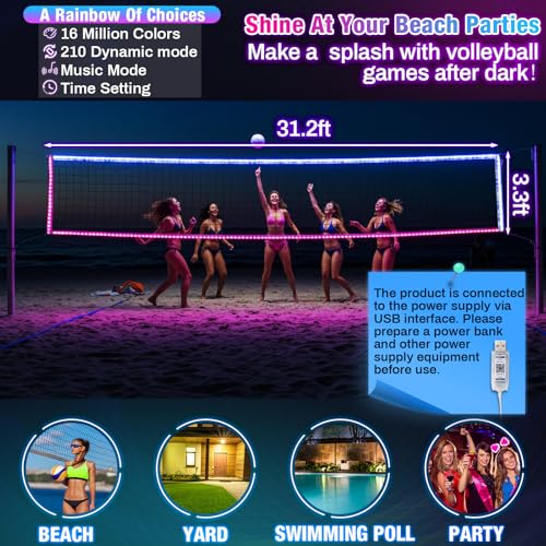 LED Volleyball Net 31.2x3.3ft Light Up Net with Remote, Music Sync