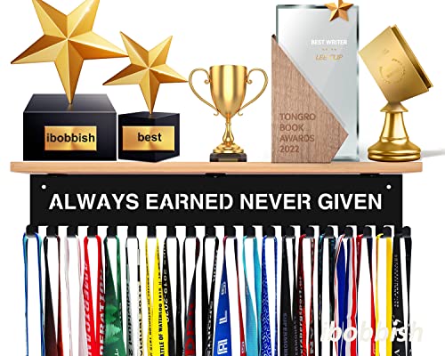 16-Inch Trophy and Medal Display Shelf with Hooks - Upgraded Metal Wall Mount