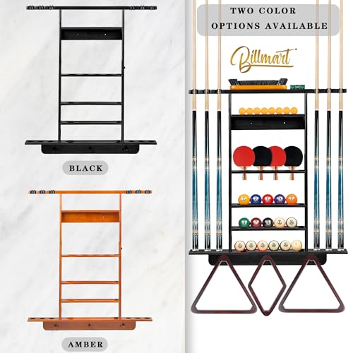 Wall Mount Billiard Cue Rack with Storage for Pool Balls & Accessories