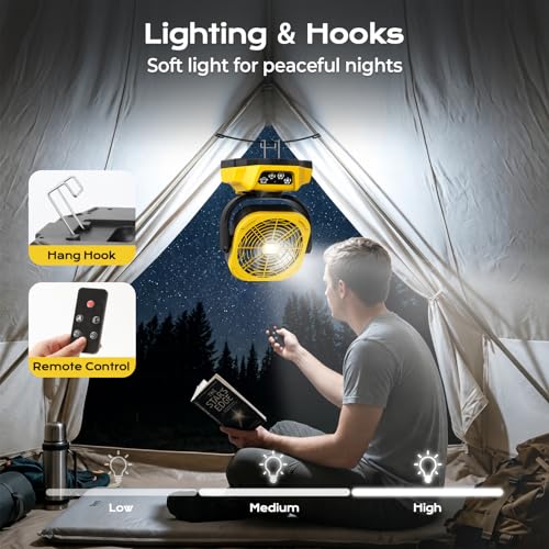 Poxsmuly Yellow Portable Dewalt 20V Max Battery Fan with USB & LED Light - 4 Speeds
