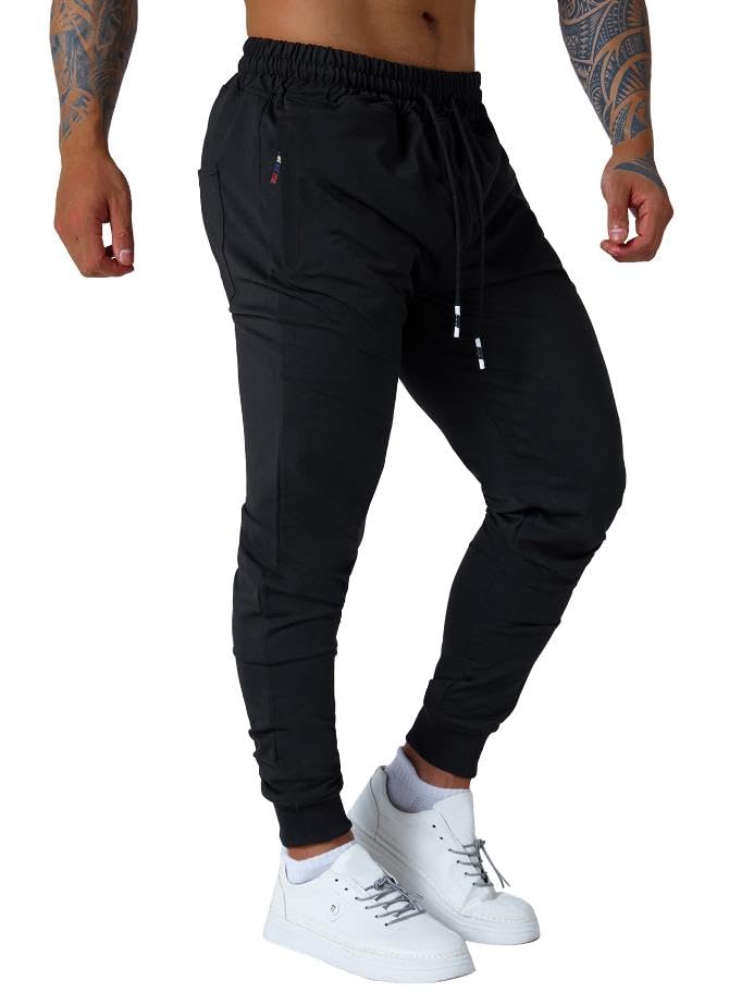 Men's Active Jogger Sweatpants with Zipper Pocket & Drawstring - Black, Large