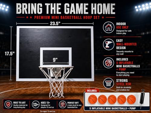 CALIKIWIPROS Mini Basketball Hoop Set Black & White Wall Mount with 5 Mini Balls