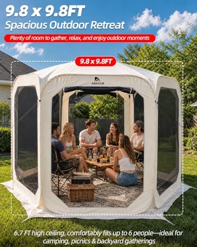 Abahub Pop Up Screen House Tent 9.8x9.8x6.7 FT Beige Quick Setup Camping Shelter