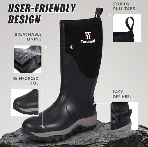 Turuiwei Waterproof Rubber Boots for Men & Women - Steel Shank, Black, 11 Women/10 Men