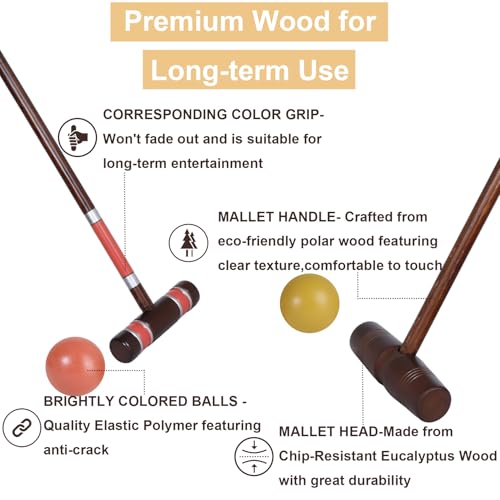 SpeedArmis Antique Finish 28In & 32In Croquet Set with Rubber Wood Mallets - Family Lawn Game