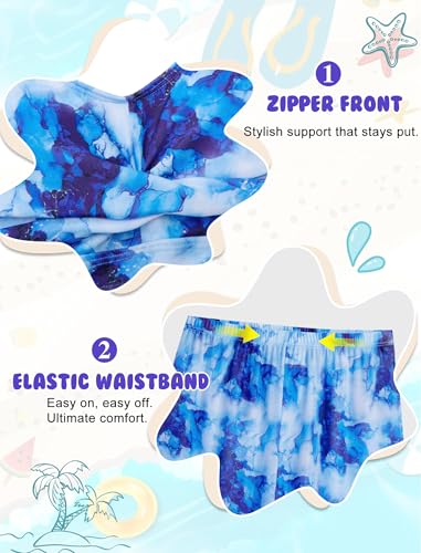 Girls Swimsuit 3 Piece Bikini Set with Mesh Cover Up Pants - Light Blue Marble, 15-16 Years