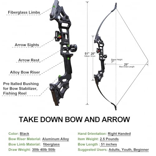 Recurve Bow and Arrow Set for Adults 50lb Takedown Hunting & Practice Kit
