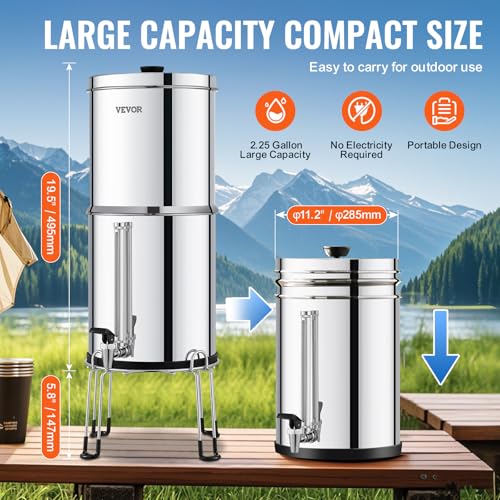 Gravity-Fed Water Filter System 2.25G Stainless Steel Countertop with Water Level Indicator
