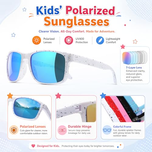 SQOQS 3 Pack Kids Polarized UV Protection Sunglasses for Boys & Girls, Lightweight Outdoor Shades - Black, Blue & White Blue, Age 3-9