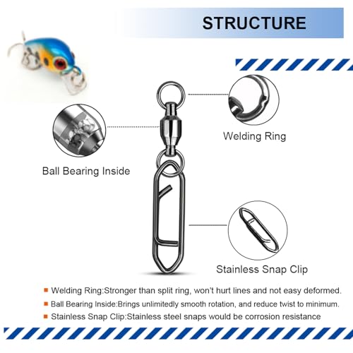 Fishing Snap Connectors Stainless Steel Ball Swivels 66lb 25 Pack Size 2+M