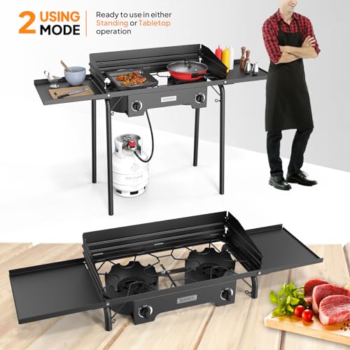 2 Burner Outdoor Propane Gas Stove with Windshield, Side Shelves & Carry Bag - 150,000 BTU Camping Cooker