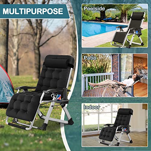 Black Zero Gravity Lounge Chair - Adjustable Folding Outdoor Recliner with Cup Holder