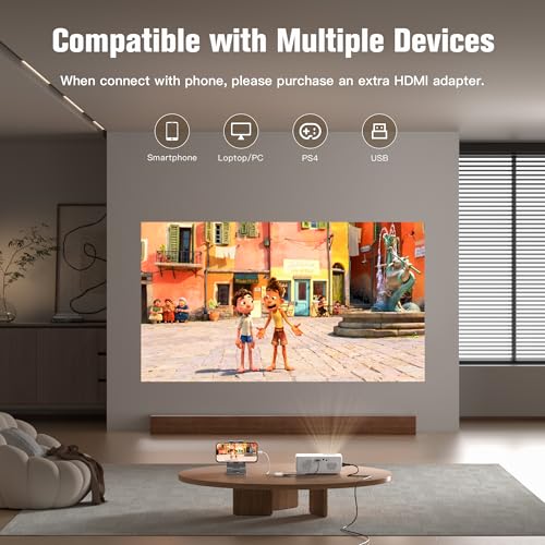 AuKing White Mini Projector 1080P Full HD Home Theater Video Projector, Compatible with HDMI/USB/Smartphone/Laptop