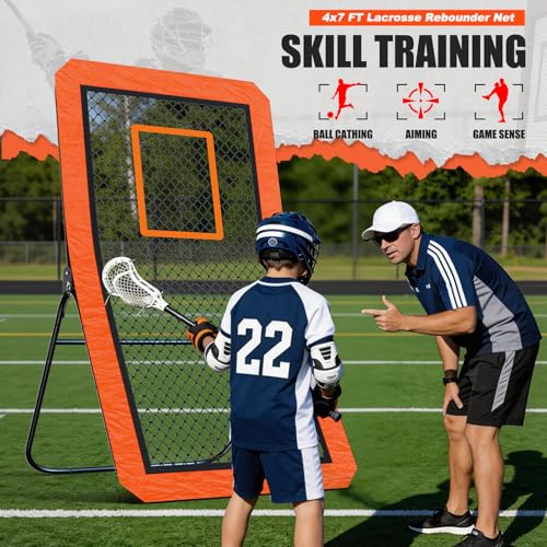 Orange Lacrosse Rebounder Net for Backyard Practice, 4x7FT Adjustable Multi-Sport Training Equipment