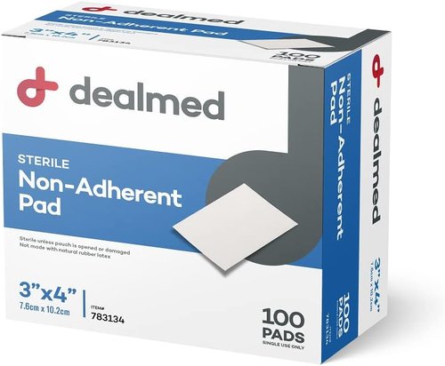 Dealmed Sterile Non-Adherent Gauze Pads - Highly Absorbent, Non-Stick, 3" x 4", 100 Count Box
