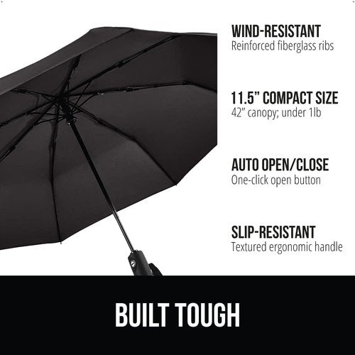 GORILLA GRIP Compact Windproof Umbrella - One-Click Automatic Open/Close, Lightweight & Waterproof, Black