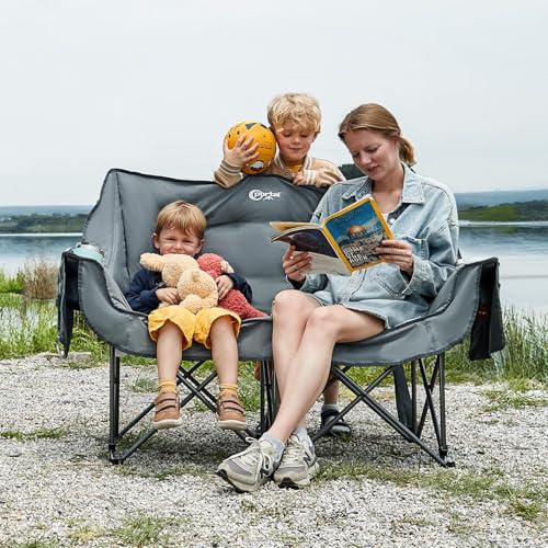 Portal Pure Grey Double Camping Chair, 2 Person Folding Loveseat with Padded Cushions & Cup Holders