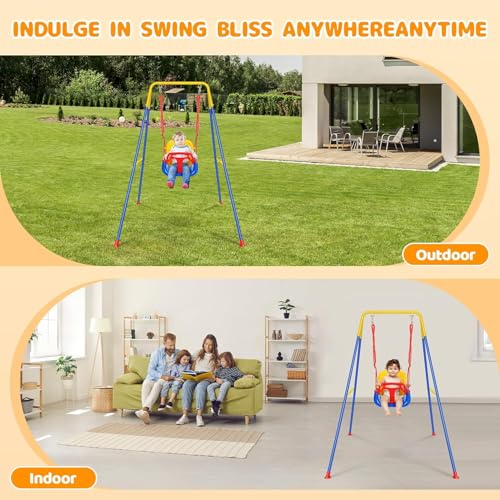 FCOUMY 3-in-1 Toddler Swing Set Blue Yellow - Indoor & Outdoor Baby Swing with Safety Belt, Foldable Metal Frame, Easy Assembly