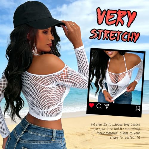 Women Sexy Fishnet Lingerie Top - Beach Cover Up, White, Medium