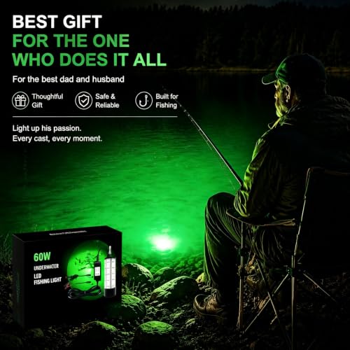 Underwater Fishing Light 60W 7500LM Green Submersible Fish Attractor with 30FT Cord