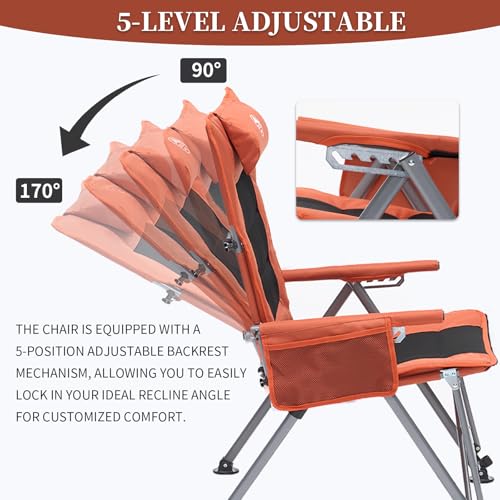 LUBEDCY Orange Folding Reclining Camping Chair with Footrest, 5-Position Adjustable Lounge Chair, Heavy Duty, Portable Outdoor Seat