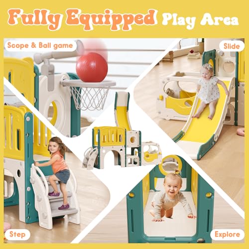 MOCUTEEN Classic Bus Toddler Slide Playset with Climber & Basketball Hoop - Indoor & Outdoor Kids Playground