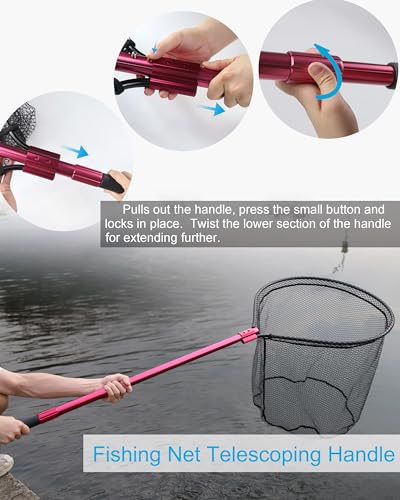 Facikono Red Heavy Duty Telescoping Fishing Net with Soft Baits, 72-94in