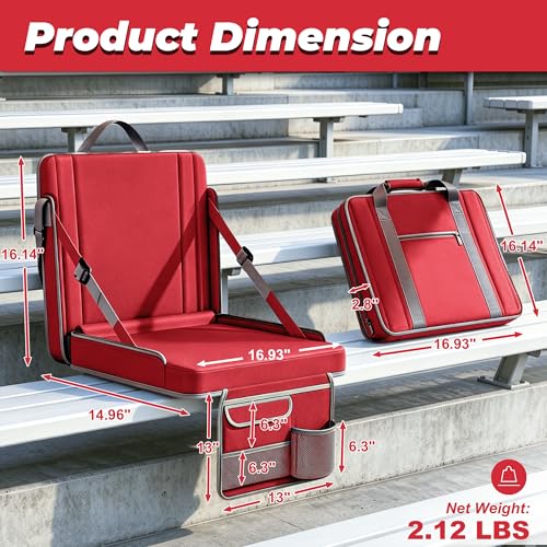 Extra Large Stadium Seat with Back Support, Padded Cushion & Multi-Pocket Storage - Red & Grey Portable Folding Bleacher Chair for Sports & Camping