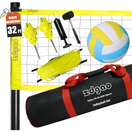 Zdgao 32FT Lemon Yellow Outdoor Portable Adjustable Volleyball Net System with Bag