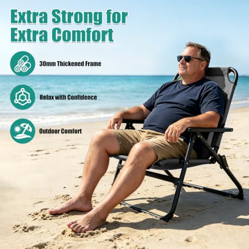 Romswi Heavy Duty Folding Beach Chair Grey 16-inch Seat Aluminum Frame Portable