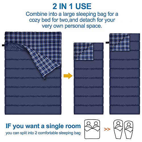 Agemore Double Sleeping Bag for 2 Persons - Blue Flannel Camping Bed