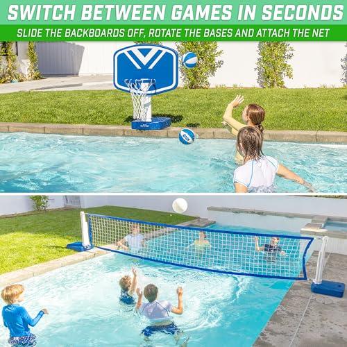 GoSports 2-in-1 Pool Basketball & Volleyball Set - Water Games for In-Ground Pools