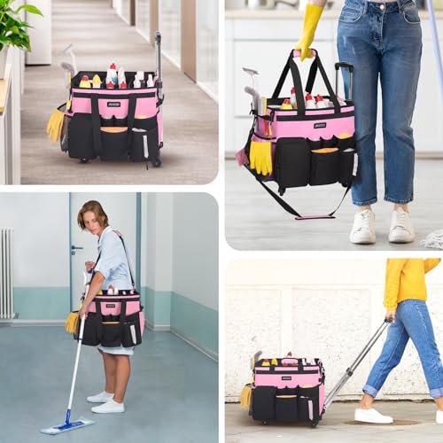 JKAOO Large Pink Rolling Cleaning Caddy Bag with Detachable Trolley - 16 x 11.8 x 13 inches