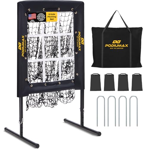 PodiuMax Baseball Pitching Net with Strike Zone - Black, Adjustable Heights, Heavy Duty Solo Trainer for Backyard Practice