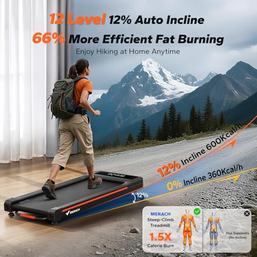 MERACH NovaWalk W50 Black Under Desk Treadmill with 12% Auto Incline, 400lb Capacity