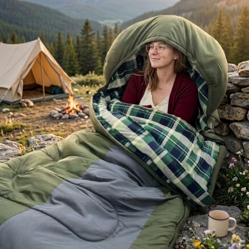 32F Olive Waterproof Sleeping Bag for Adults - 3-4 Season, Right Zip, Machine Washable, Compression Sack