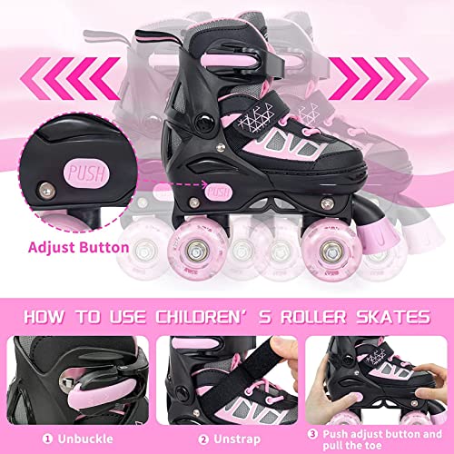 Kids Pink Adjustable Light-Up Roller Skates for Ages 6-12 - Large Youth