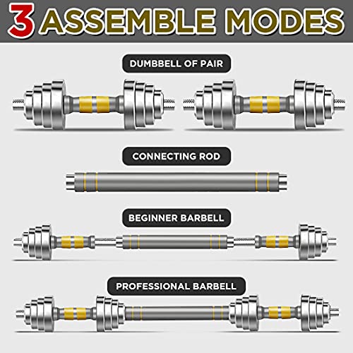 PHOEROS Adjustable Dumbbell Set 44 lbs - 3-in-1 Steel Dumbbells & Barbell for Home Gym