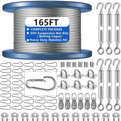 35 FT Heavy Duty Batting Cage Netting Wire Tension Kit for Baseball & Softball Backyard