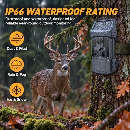 WOSPORTS 48MP WiFi Trail Camera with 7800mAh Solar Battery, 0.1s Trigger, Waterproof IP66, Supports 64GB SD Card