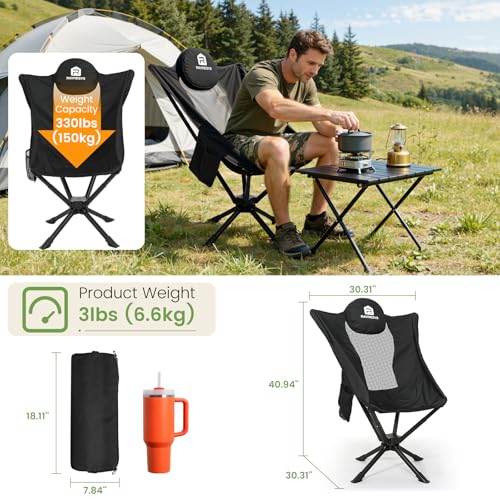 Black 360° Rotation Camping Chair with Cup Holder & High Back Support