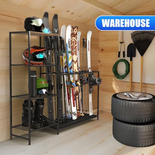 Freestanding Ski Rack with Adjustable Bars, Snowboard & Gear Storage