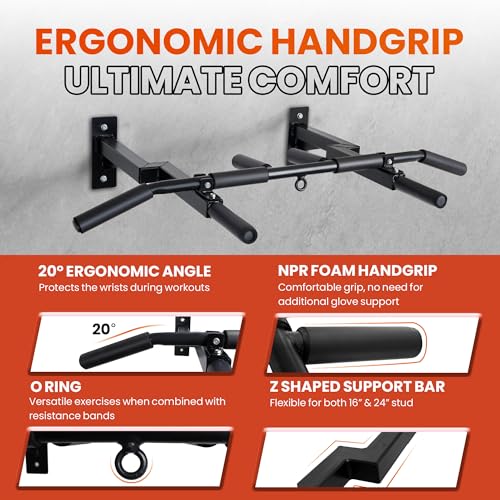 Wall Mounted Pull Up Bar - Adjustable for 16 & 24-Inch Studs, Multiple Grip Positions