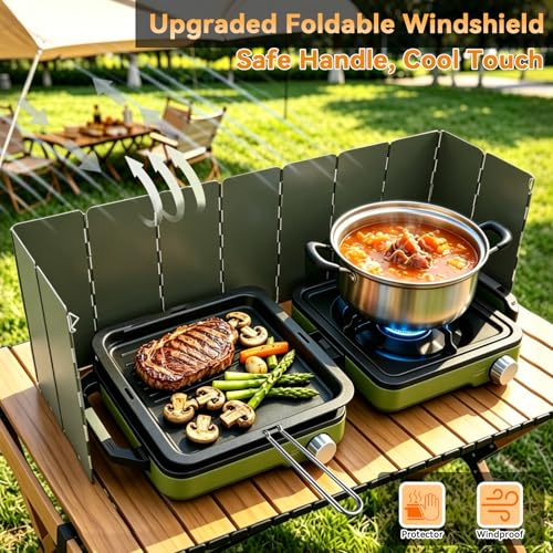 Green Double Burner Camping Stove with Windshield & Accessories - Portable 24000 BTU