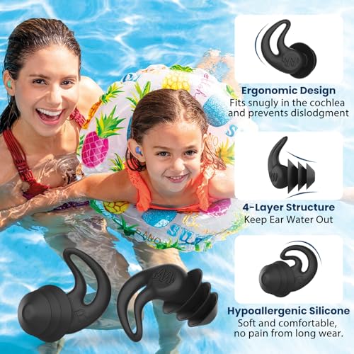 Swimming Ear Plugs for Adults & Kids 4 Pairs Silicone Water Protection - Black & Green Blue Variations