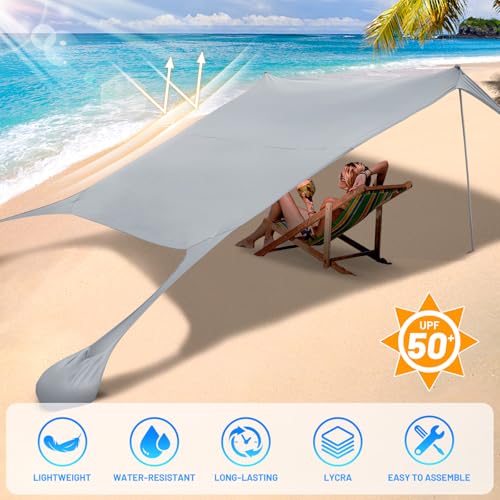 Gray 10x10FT Family Beach Tent Canopy Sun Shade with 4 Poles, Portable & Waterproof